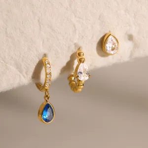 18k gold plated stainless steel earring set with blue and white water-drop zircons