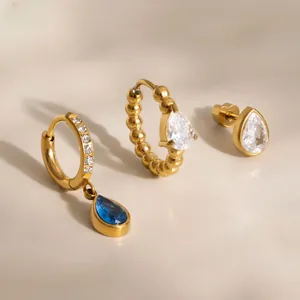 Close-up detail of 18k gold plated stainless steel earrings with water drop zircon gems.