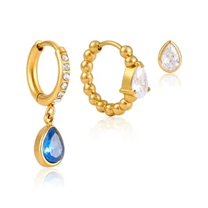 18K gold plated stainless steel earring set featuring blue and white teardrop zirconia