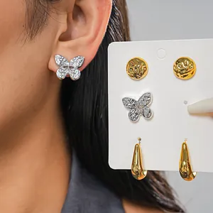 Orecchini a Bottone in Stile Europeo Americano con Perno in Acciaio Tondo Geometrico Farfalla per Donna Gioielli da Viaggio Minimalisti