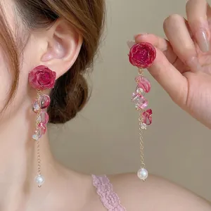 Sweet Fresh Copper Preserved Flower Rose Stud Earrings With Artificial Pearl Long Tassel Gentle Floral Jewelry For Women