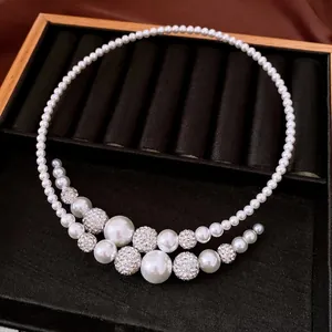 Elegant white pearl choker necklace with sparkling rhinestone beads in jewelry box