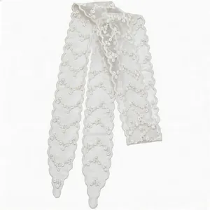 White French style thin lace ribbon necklace with floral embroidery on white background