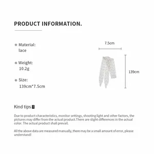 Product information sheet for the French slim lace ribbon scarf showing 139cm length