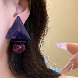 Geometrische Harz Dreieck Runde Anhänger Ohrringe Mit Silber Ohrringpfosten Lila Marmor Textur Nische Damen Schmuck