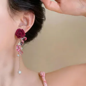 Elegant dark red rose flower tassel earrings with translucent pink beads and pearl