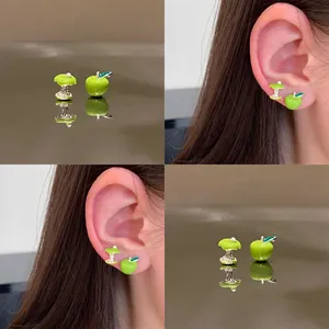 Cute Asymmetric Green Apple And Apple Core Stud Earrings With Silver Earring Post Drip Oil Fruit Design Jewelry For Women