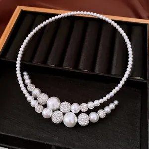 Close-up view of an elegant baroque pearl choker necklace with sparkling crystal spheres