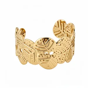 Elegant gold-finished pleated metal open cuff bracelet with intricate leaf patterns