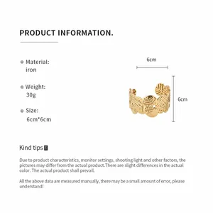 Detailed specifications of a golden leaf-patterned cuff bracelet showing 6cm dimensions.