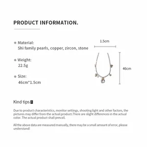 Product specifications for beaded necklace with heart and butterfly charms, 46cm length.