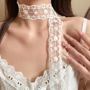 French style white lace choker scarf with delicate floral pattern for women