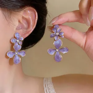 Elegant vintage purple enamel flower earrings with sparkling rhinestones for women