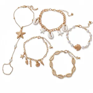 Elegant Bohemian 5-piece shell and starfish pearl bracelet jewelry set for women