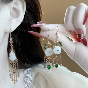 14K Gold Plated Flower Hulu Drop Earrings Retro Chinese Style Rhinestone Tassel Earrings For Women Light Luxury High End Jewelry