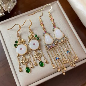 Elegant 14K gold plated gourd and flower dangle earrings in retro Chinese style for women