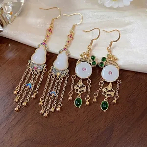 Vintage Chinese style hulu and flower 14K gold-plated tassel earrings set for women