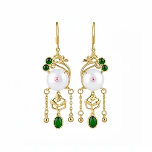 14K gold plated vintage floral drop earrings with white pearls and green gemstones