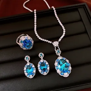 Luxury Copper Oval Blue Pink Zirconia Necklace Earrings Ring Necklace Set For Women Vintage Elegant Party Jewelry