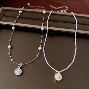 Vintage zircon round star necklace with dainty pearls and luxury gold finish