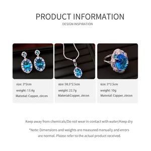 Detailed size and material specifications for the blue zircon necklace and ring set