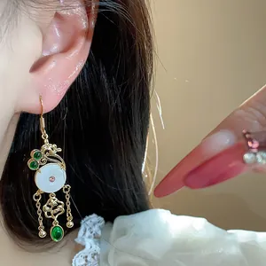 Retro New Chinese style 14K gold plated earrings with jade-like stone and green gems