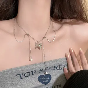 Double Layered Butterfly Tassel Necklace Alloy Rhinestone Artificial Pearl Adjustable Chain For Women Fashion Jewelry