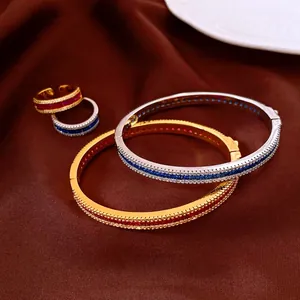 Vintage Palace Style Copper Zirconia Bangle Open Ring Set Luxury Geometric Round Jewelry For Women Party Accessory Gift