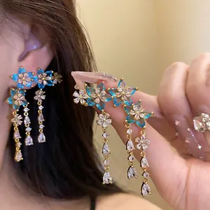 Luxury Copper Blue Pink Flower Tassel Drop Earrings With 925 Sterling Silver Earring Post Elegant Rhinestone Star Water Drop Earrings Jewelry For Women