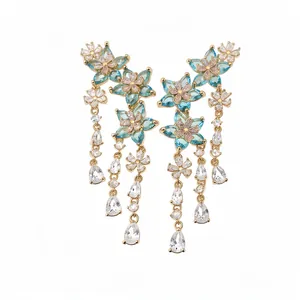 Elegant flower waterdrop tassel earrings with blue zircons and S925 silver needle