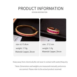 Product detail specifications for vintage zircon copper bangle and ring jewelry set.