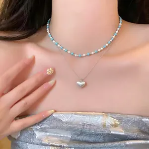 Korean Ins Style Double Layer Clavicle Chain Necklace For Women Sweet Blue White Beaded Heart Pendant Necklace Alloy Jewelry