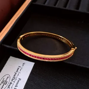 Retro palace style gold bangle with red zircon inlay on black velvet display