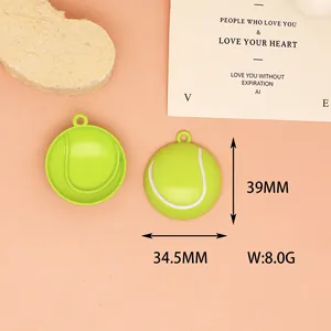 Green tennis ball charm for DIY jewelry making, detail view with 39mm x 34.5mm dimensions