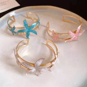 Vintage Metal Iron Starfish Open Bangle Women Retro Drip Oil Ocean Style Golden Bracelet Jewelry Fashion Accessory