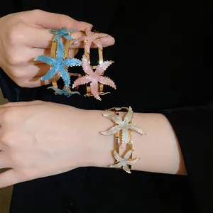 Vintage starfish open bangle with colorful oil-drop texture and gold finish