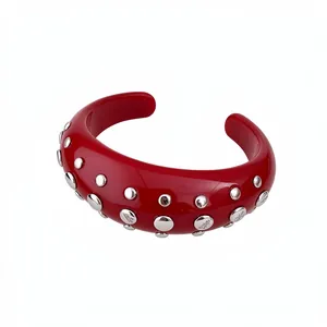 Fashionable red resin open cuff bracelet featuring silver round stud rivets for women