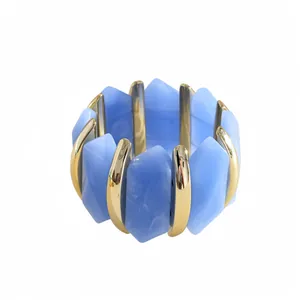 Statement blue acrylic irregular rhombus beads and gold-tone metal elastic stretch bracelet