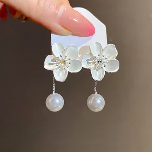 French vintage silver needle flower earrings with rhinestone and pearl dangles
