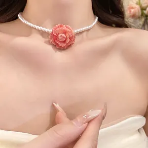 Zirconia Artificial Pearl Flower Necklace For Women Summer Sweet Pink Rose Pendant Copper Chain Elegant Aesthetic Jewelry For Dress