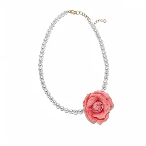 Elegant silver bead necklace featuring a large realistic pink rose flower pendant for women