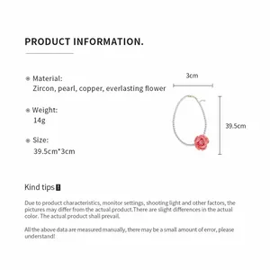 Product specification sheet for zircon pearl flower necklace detailing materials and dimensions