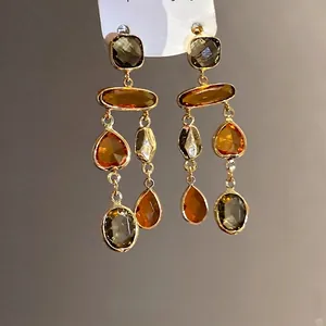 Elegant vintage Maillard crystal drop earrings with geometric teardrop fringe and silver needles