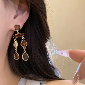 Elegant Maillard brown crystal tassel earrings with vintage square and teardrop drops