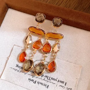 Vintage Maillard style crystal tassel earrings with teardrop and square stones