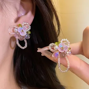 Sweet Floral Stud Earrings With Silver Earring Post Artificial Pearl Cat Eye Glass Beaded Earrings For Women Vacation Jewelry