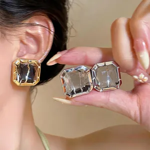 Square Glass Stud Earrings With 925 Sterling Silver Earring Post Geometric Copper Gold Silver Plated Jewelry For Women