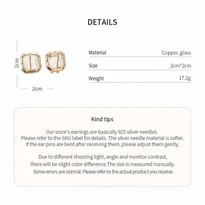 Detailed view of elegant square glass stud earrings with a gold-tone copper frame