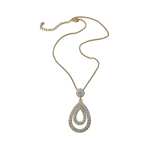 Elegant gold teardrop pendant necklace encrusted with sparkling zircon stones on white