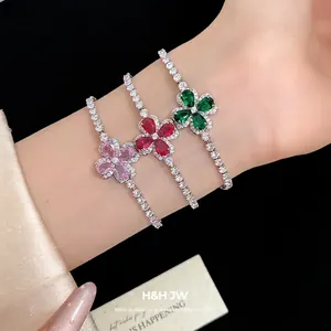 Luxury Copper Zirconia Lucky Four Leaf Clover Adjustable Bracelet Elegant Flower Charm Bolo Bracelet For Women Jewelry Gift
